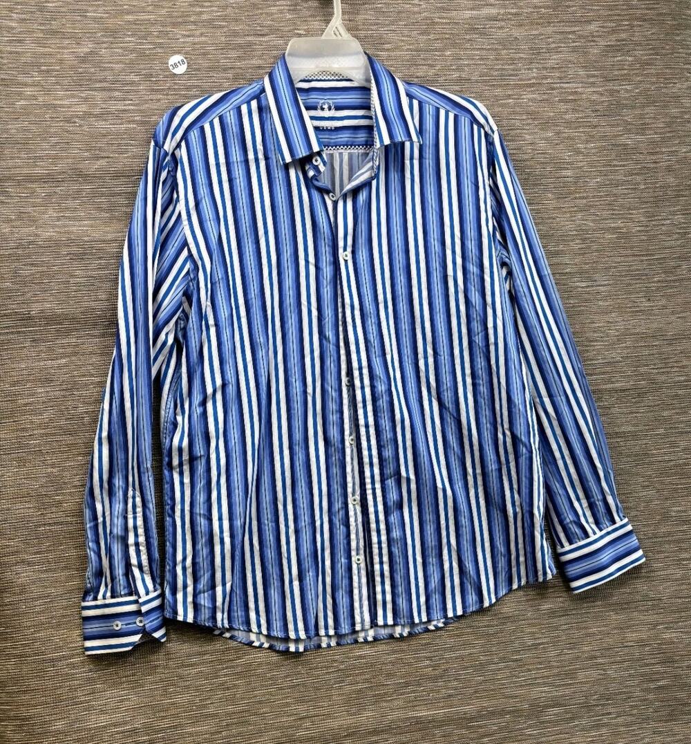 Bugatchi Uomo Button Up Shirt Mens 2XL Blue White Striped Shaped Fit Long Sleeve